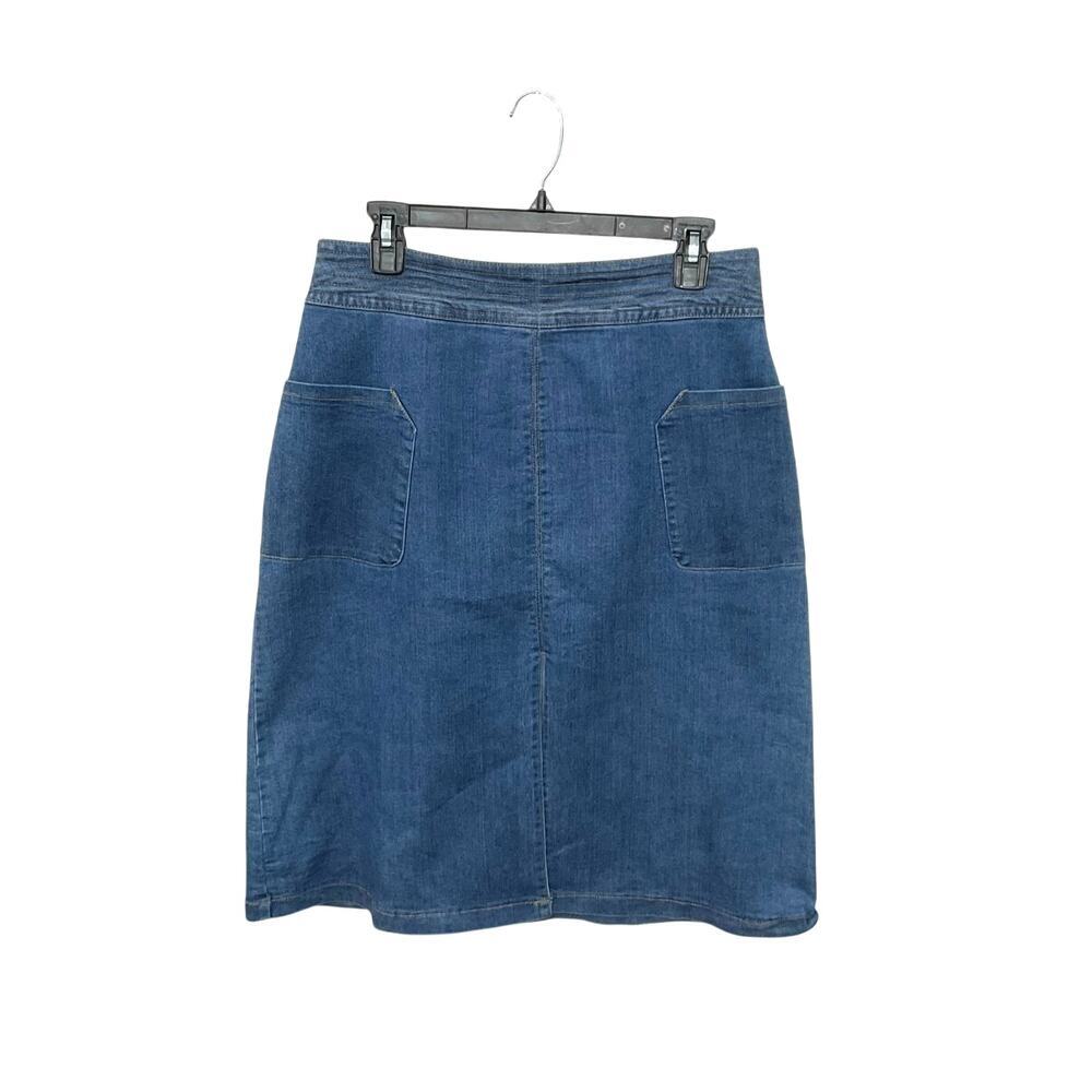 Universal Thread Denim Midi Skirt Size 8 Medium Blue Front Slit Pockets Stretch
